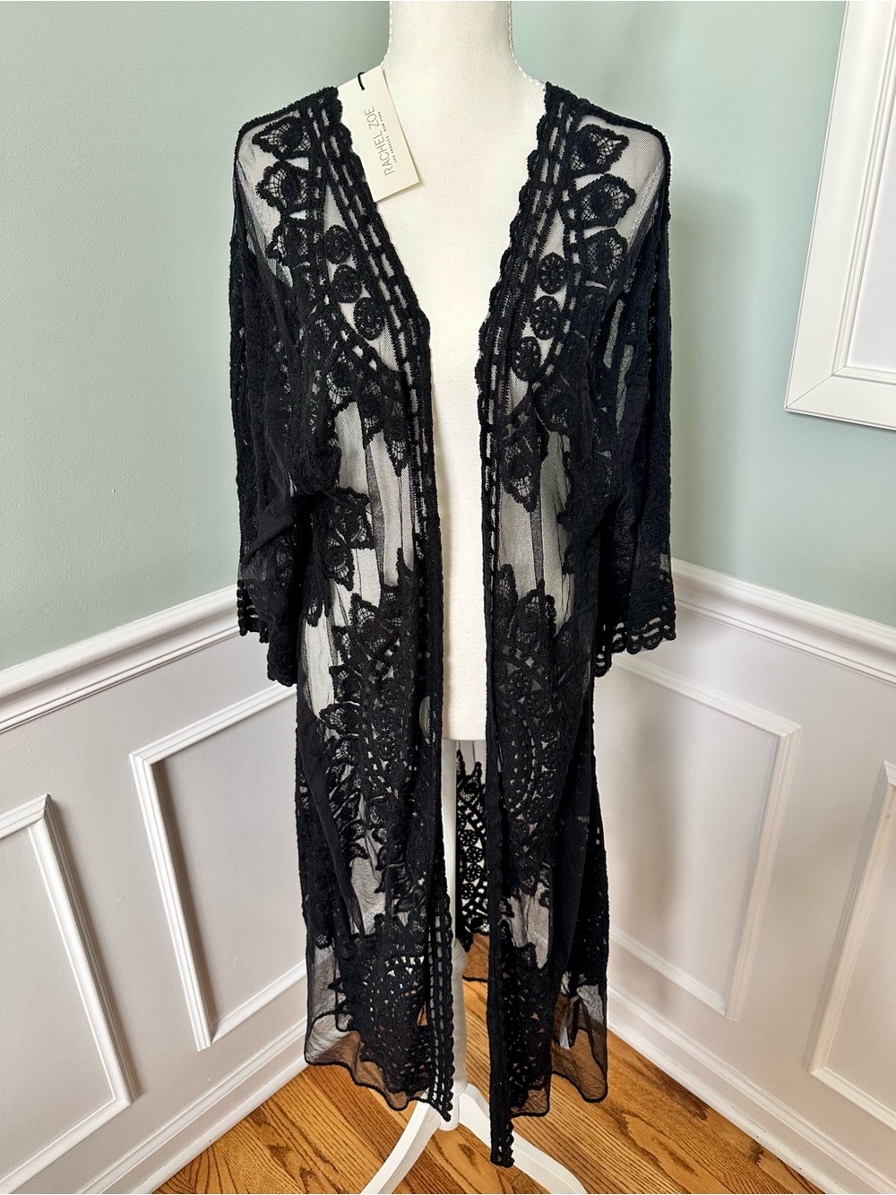 Fairy Grunch Whimsigoth Witchy Boho Sheer Black Lace Kimono Duster Size S NWT